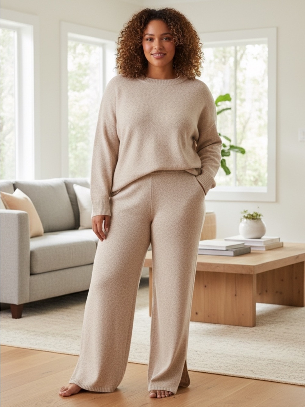 H&M Knit pants Alpaca blend wide leg pull on lounge wear leg slit